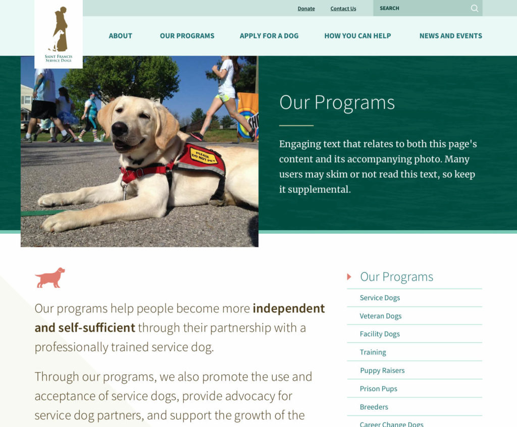 Detail of Saint Francis programs page with navigation, page header, intro and section navigation