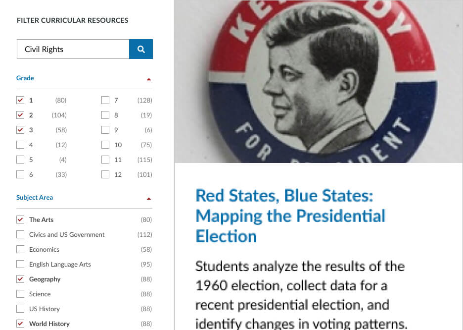 Samples from JFK Library project including screenshot of facet filters and detail of a single search result featuring a Kennedy campaign button.